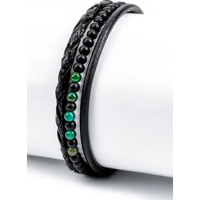 Base Мъжки комплект с гривни от естествена кожа и мъниста - Черен със Зелен 20230901010 (404272_Черно)