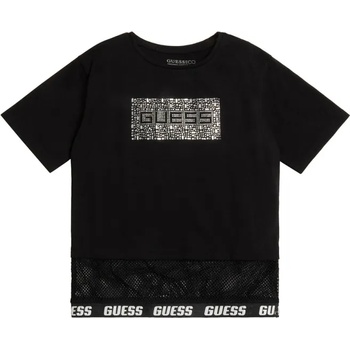 GUESS Къса черна тениска с къс ръкав с кристали и мрежа за момиче Guess