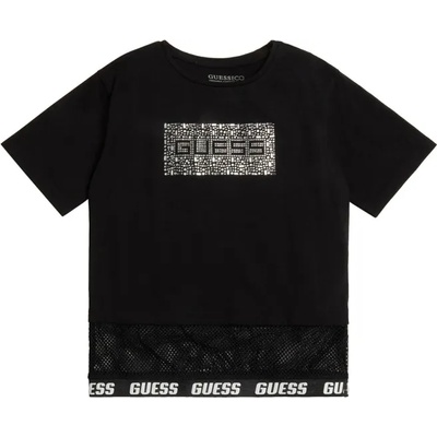 GUESS Къса черна тениска с къс ръкав с кристали и мрежа за момиче Guess