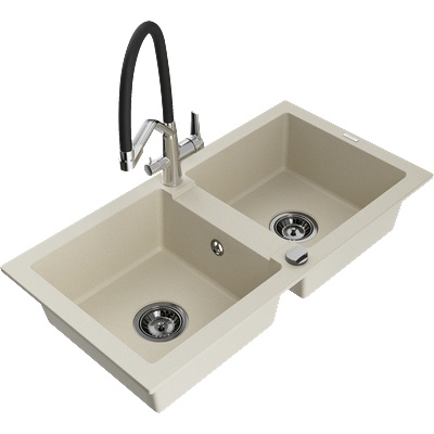 Mexen Mario двукоморна гранитна кухненска мивка с кухненски смесител Duo, бежов - 6504-69-671701-07-B (6504-69-671701-07-B)