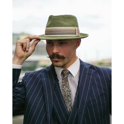 Fiebig Headwear since 1903 Trilby Raffia slaměný khaki klobouk s barevnou stuhou