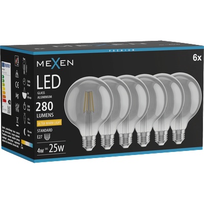 Mexen Vintis 6x LED филаментна крушка E27, G95, 4W, Топла - 2200K, 280 lm, димно-сива (L157-E27-0422-70x06)
