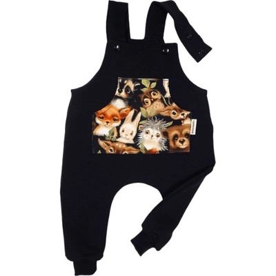 Dětské laclové kalhoty s kapsou lesní přátelé na černé