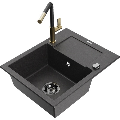 Mexen Enzo гранитна мивка с 1 отделение с отцедник и кухненски смесител Flora, черен на пръски - 6506-76-670401-57-B (6506-76-670401-57-B)