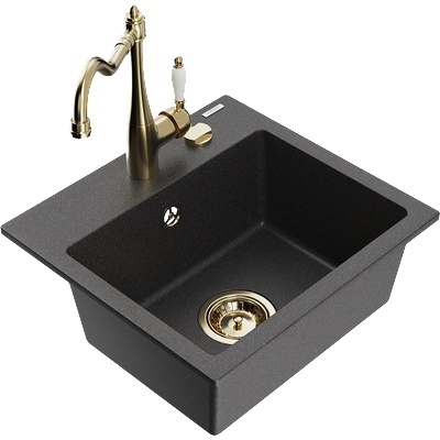 Mexen Milo мивка гранитна 1-коморна с кухненски смесител Carla, черен напрашен - 6505-76-670700-50 (6505-76-670700-50)
