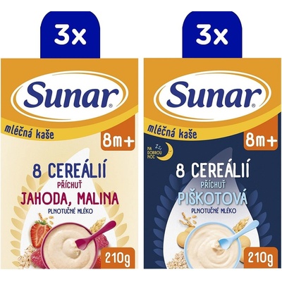 Sunar kaša mliečna 8 cereálií mix príchutí 8m+ 6 x 210 g