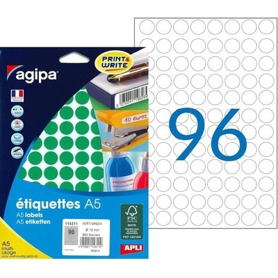Etikety kruhové 15mm Agipa A5 zelené 114311