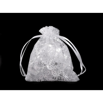 Vánoční dárkový pytlík vločky 9x11 cm organza - bílá stříbrná (5 ks)