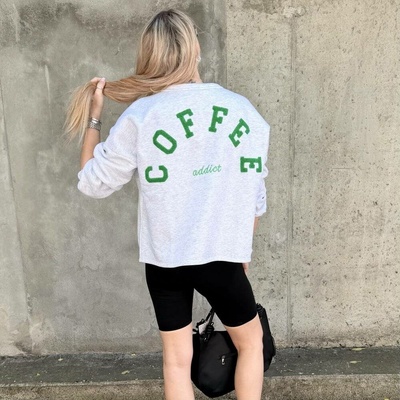 Světle šedá prémiová mikina se zeleným nápisem COFFEE
