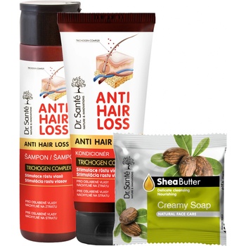 Dr. Santé Anti Hair Loss šampón proti vypadávaniu vlasov a pre podporu ich rastu 250 ml + kondicionér pre podporu rastu vlasov a proti ich vypadávaniu 200 ml + tuhé mydlo 100 g darčeková sada