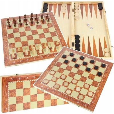 Klasické dřevěné šachy Desková hra 3v1 Vrhcáby Tryktrak 48x48 cm