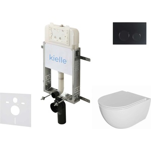 kielle Genesis New - Комплект структура за вграждане, тоалетна чиния Oudee, Rimless, SoftClose седалка и бутон Gemini New II, черен мат 30528SZ06 (30528SZ06)