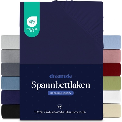 Dreamzie Premium fitted sheet 180x200 cm, fitted sheet for thick mattresses up to 27 cm, bed sheet 100% jersey cotton, 150 g/m2, Oeko-TEX certified - dark blue - 3701217634930