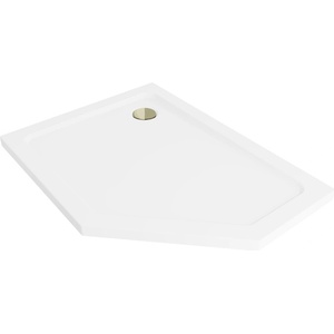 Mexen Flat петостенен тънък ляв душ подложка 100 x 80 cm, бял, сифон златен (41P108010L-G)