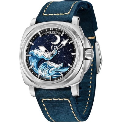 Pagani Мъжки часовник Pagani Design Wave, Автоматичен, Естествена кожа, Сребрист / Син (PD-YS014-BLUE-SILVER)