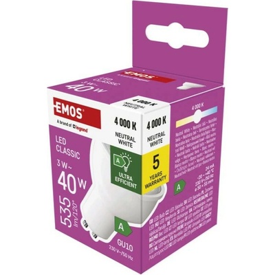 Emos LED žiarovka Classic MR16 A CLASS/ GU10 3 W 40 W 535 lm Neutrálna biela ZQ8338