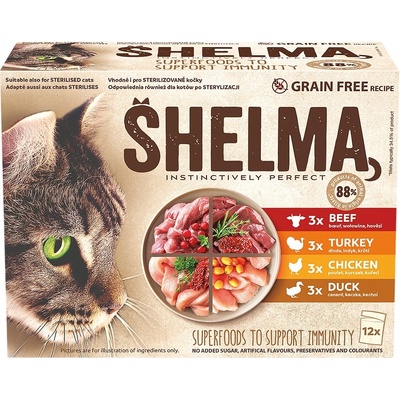 Shelma Cat kuřecí, hovězí, losos, treska 12 x 85 g – Zboží Mobilmania