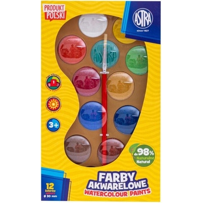 Astra vodové farby 12 farieb 30mm, zlatá paleta + štetec, 302123003