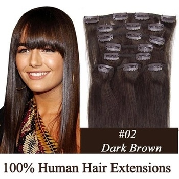 CLIP IN (klipy) pravé lidské vlasy remy 50cm odstín 02 tmavě hnědá 8 částí