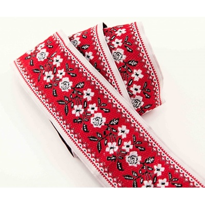 Krojová stuha - červená s bílými květinkami - šíře 5 cm – Zboží Dáma