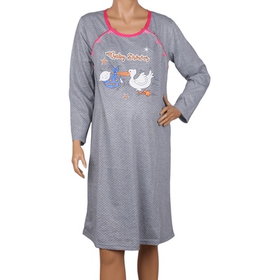 Макси нощница в сиво за кърмачки с щъркел и точки