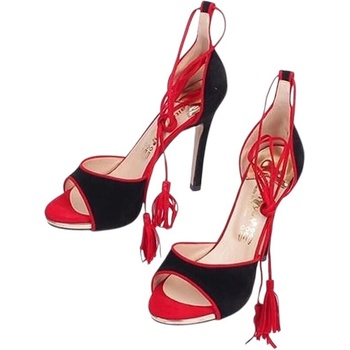 Дамски сандали в черно и червено с висок ток