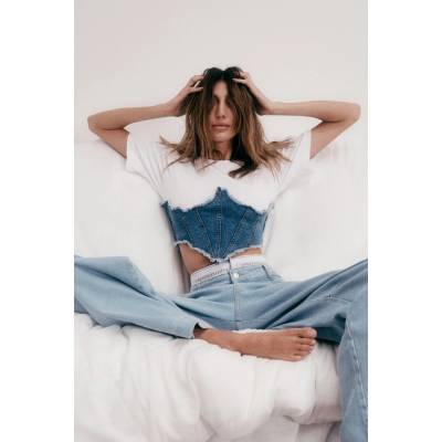 Trendyol X Sagaza Studio modrý korzetový džínový bustier modrá bílá
