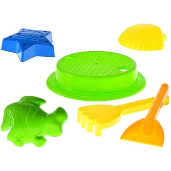 Mikro Комплект за пясък 3бр 20см (сито, лопатка, гребло) и 3бр формички 10-11см 2 цвята