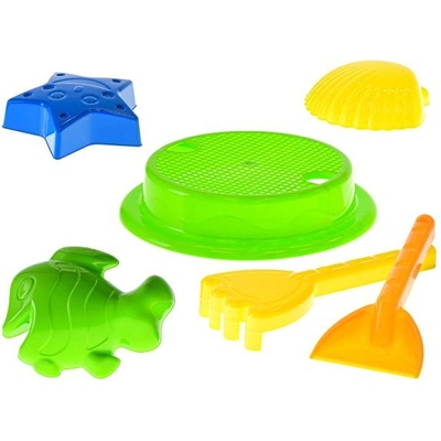 Mikro Комплект за пясък 3бр 20см (сито, лопатка, гребло) и 3бр формички 10-11см 2 цвята