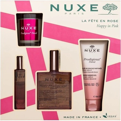 Nuxe Happy In Pink suchý olej Huile Prodigieuse Florale 100 ml + sprchový gel Prodigieux Floral 100 ml + EDP Prodigieux Floral 15 ml + svíčka Prodigieux Floral 70 g darčeková sada