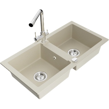 Mexen Mario двоен кухненски мивка от гранит с кухненски смесител Duero, бежов - 6504-69-671600-00 (6504-69-671600-00)
