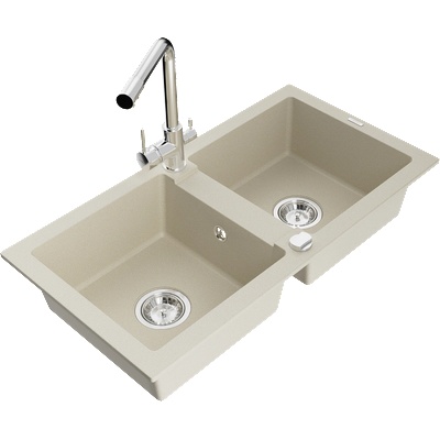 Mexen Mario двоен кухненски мивка от гранит с кухненски смесител Duero, бежов - 6504-69-671600-00 (6504-69-671600-00)