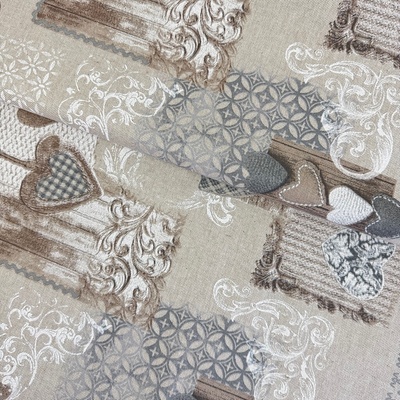 Bavlna Tália - Patchwork srdiečka sivohnedá