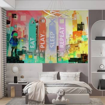 Art Gift Decor Фототапет Eat, Play, Sleep, Repeat - Киберпънк гейминг свят