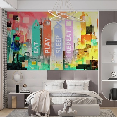 Art Gift Decor Фототапет Eat, Play, Sleep, Repeat - Киберпънк гейминг свят