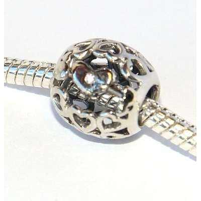 Fashion Jewerly Korálek stříbrný Kráska plná srdíček Otočné srdce s růžovým krystalem 2594