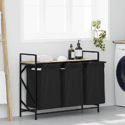vidaXL Кош за пране, 3 отделения с рафт, цвят дъб Сонома (859061)