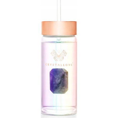 CRYSTALLOVE Skleněná lahvička na vodu s ametystem a brčkem 400ml - hologram