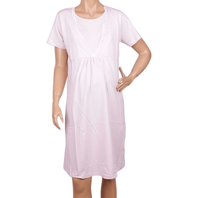 Нощница за бременни в розово с малки точици и дантела