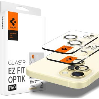 Spigen Glass tR EZ Fit Optik Pro Lens Protector 2 Pack - 2 комплекта предпазни стъклени лещи за камерата на iPhone 15, iPhone 15 Plus, iPhone 14, iPhone 14 Plus (жълт)