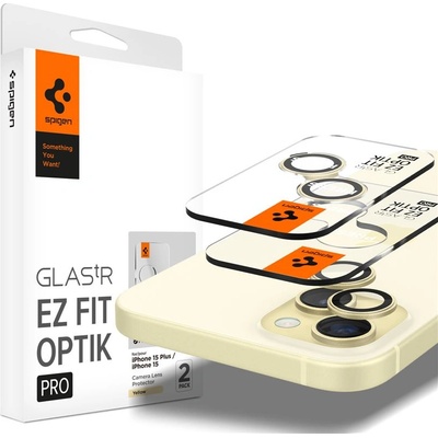 Spigen Glass tR EZ Fit Optik Pro Lens Protector 2 Pack - 2 комплекта предпазни стъклени лещи за камерата на iPhone 15, iPhone 15 Plus, iPhone 14, iPhone 14 Plus (жълт)