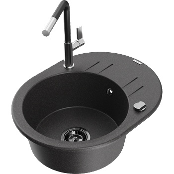 Mexen Kevin гранитна мивка с една камера с отцедник и кухненски смесител Flora, черен накрапан - 6517-76-670401-07-B (6517-76-670401-07-B)