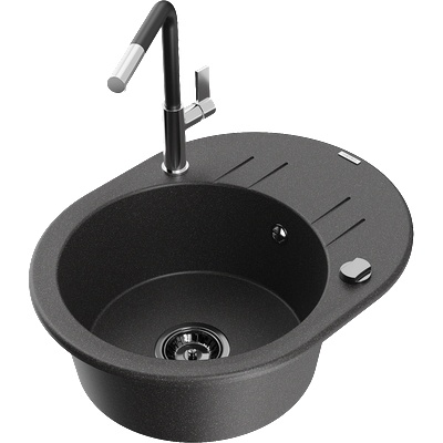 Mexen Kevin гранитна мивка с една камера с отцедник и кухненски смесител Flora, черен накрапан - 6517-76-670401-07-B (6517-76-670401-07-B)