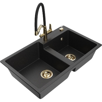Mexen Tomas гранитна мивка 2-коморна с кухненски смесител Duo, черен/сребрист металик - 6516-73-671701-57-G (6516-73-671701-57-G)