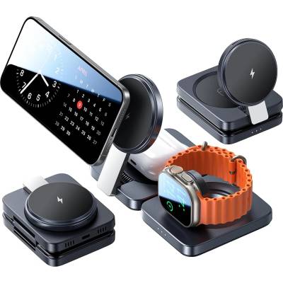 Lisen Безжично зарядно W103 (YL0324090008) - Lisen - MagSafe, бързо зареждане, 3в1, Qi2, с Type-C кабел и зарядно - Черно