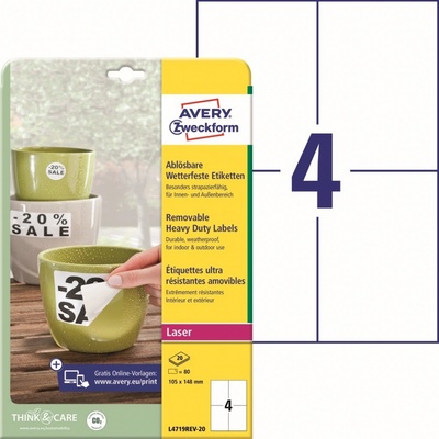 Avery Zweckform L4719REV-20 Odolné snímatelné etikety 105x148mm 80 ks bílá