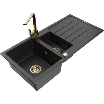 Mexen Andres гранитна мивка 1, 5-камерна с отцедник и кухненски смесител Rita, черен/сребрист металик - 6515-73-670300-50 (6515-73-670300-50)
