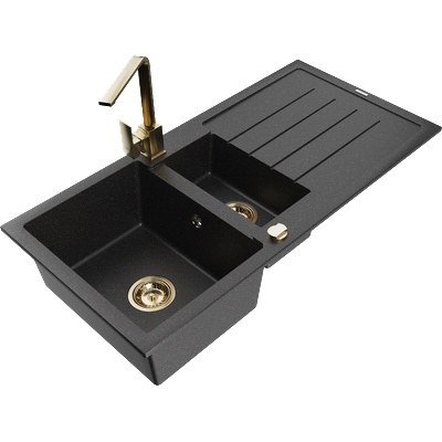 Mexen Andres гранитна мивка 1, 5-камерна с отцедник и кухненски смесител Rita, черен/сребрист металик - 6515-73-670300-50 (6515-73-670300-50)