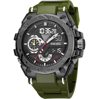 SMAEL Спортен мъжки часовник Smael Sport Shock, Двойно време, Хронограф, LED Подсветка, Зелен / Черен (SMAEL-8060-GREEN-BLACK)