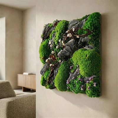 WoodYar: Machová dekorácia na stenu – 3D machový obraz s kvetmi, drevom a kameňom - 60 × 60 cm